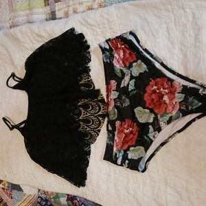 Beachsissi 2 piece High Waist Black Lace/Floral Swimsuit Large